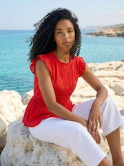 Roman Red Broderie Anglaise Frill Sleeve Top - Image 1 of 5