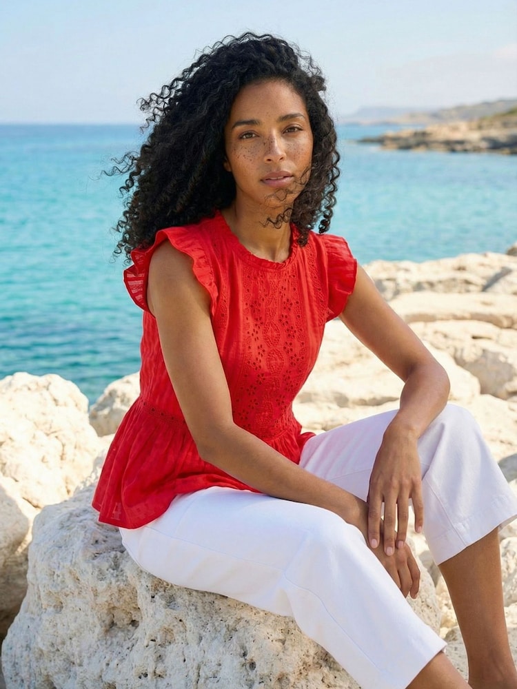 Roman Red Broderie Anglaise Frill Sleeve Top - Image 1 of 5