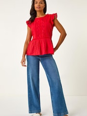 Roman Red Broderie Anglaise Frill Sleeve Top - Image 3 of 5