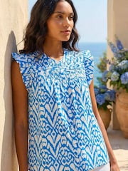 Roman Blue Abstract Print Pleated Sleeve Blouse - Image 1 of 5