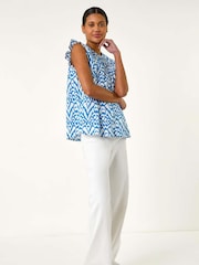 Roman Blue Abstract Print Pleated Sleeve Blouse - Image 2 of 5