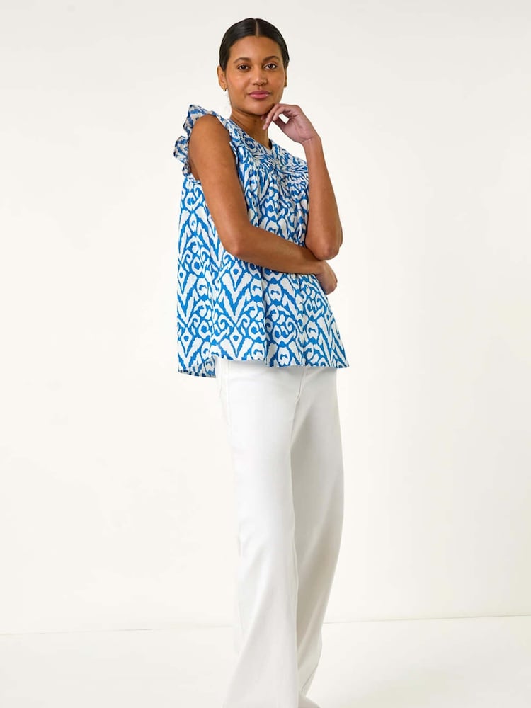 Roman Blue Abstract Print Pleated Sleeve Blouse - Image 2 of 5 Roman Blue Abstract Print Pleated Sleeve Blouse - Image 2 of 5