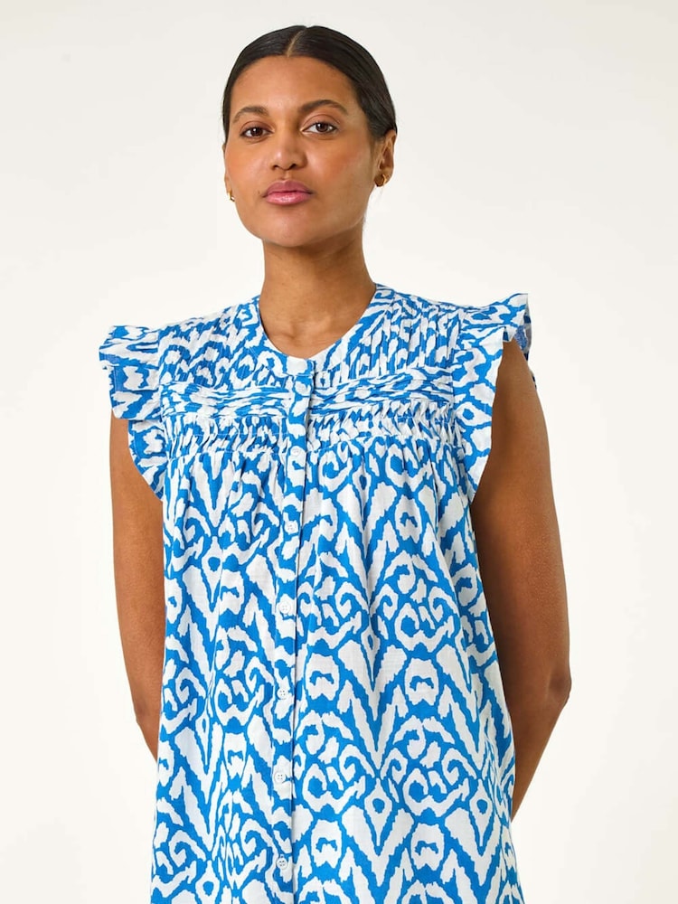 Roman Blue Abstract Print Pleated Sleeve Blouse - Image 5 of 5 Roman Blue Abstract Print Pleated Sleeve Blouse - Image 5 of 5