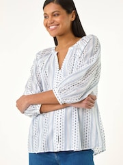 Roman Blue Dobby Stripe Print V-Neck Blouse - Image 1 of 5
