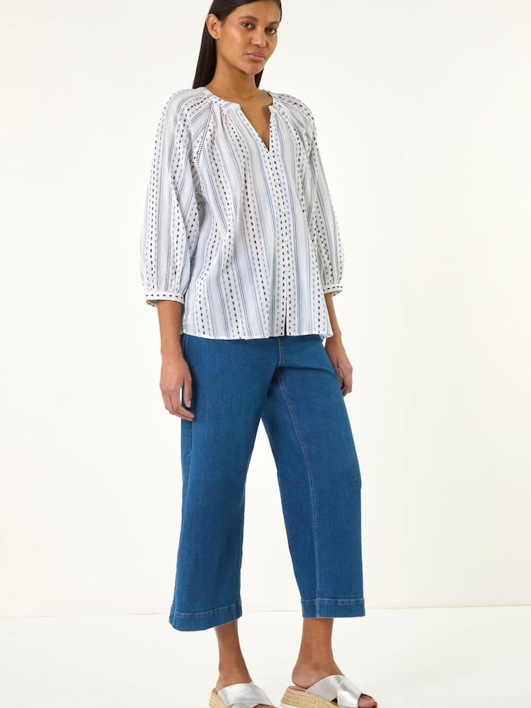 Roman Blue Dobby Stripe Print V-Neck Blouse - Image 2 of 5 Roman Blue Dobby Stripe Print V-Neck Blouse - Image 2 of 5