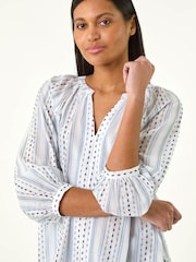 Roman Blue Dobby Stripe Print V-Neck Blouse - Image 4 of 5