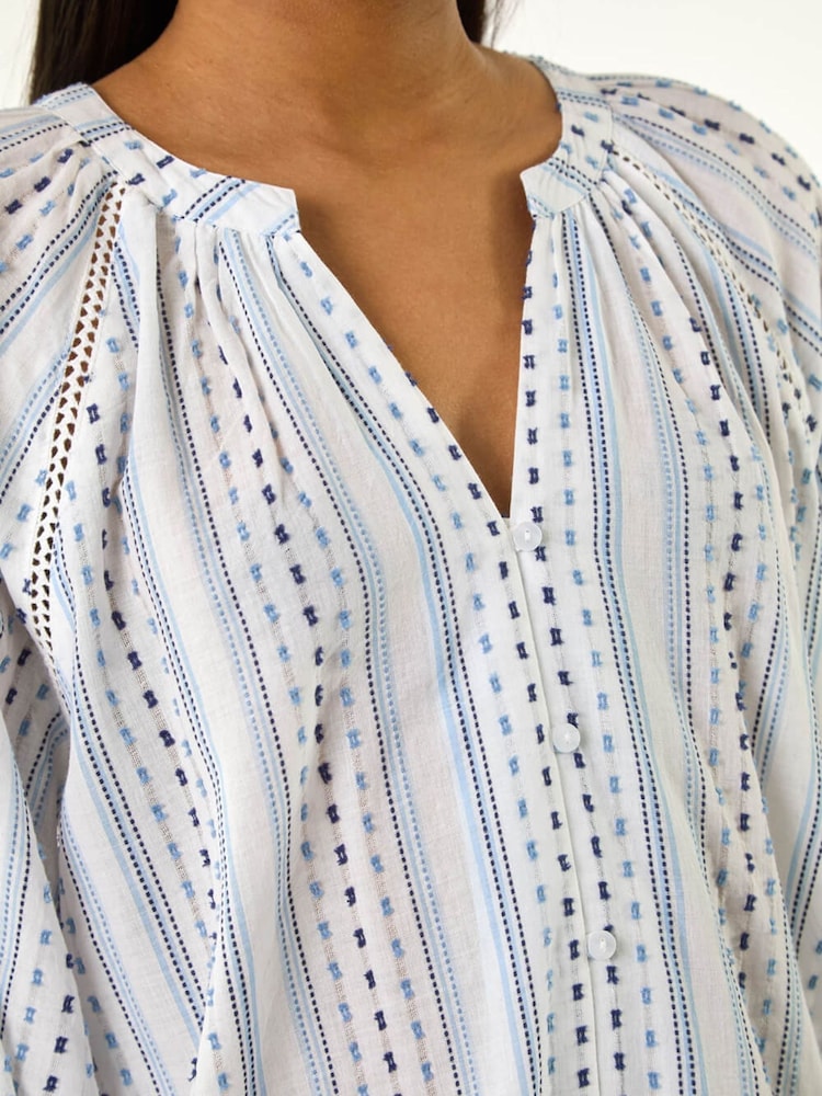 Roman Blue Dobby Stripe Print V-Neck Blouse - Image 5 of 5 Roman Blue Dobby Stripe Print V-Neck Blouse - Image 5 of 5