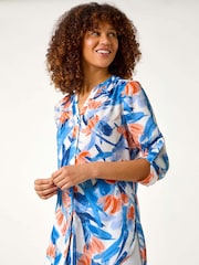 Roman Blue Floral Print Longline Blouse - Image 1 of 5