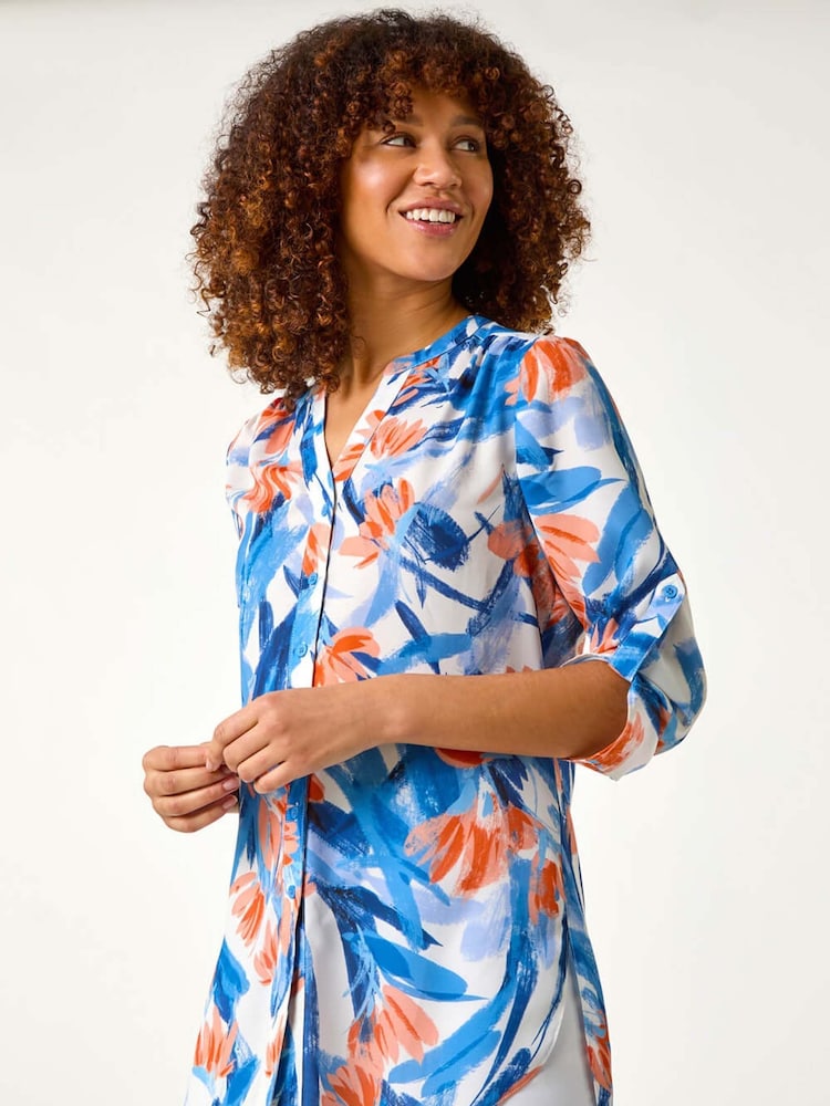Roman Blue Floral Print Longline Blouse - Image 1 of 5