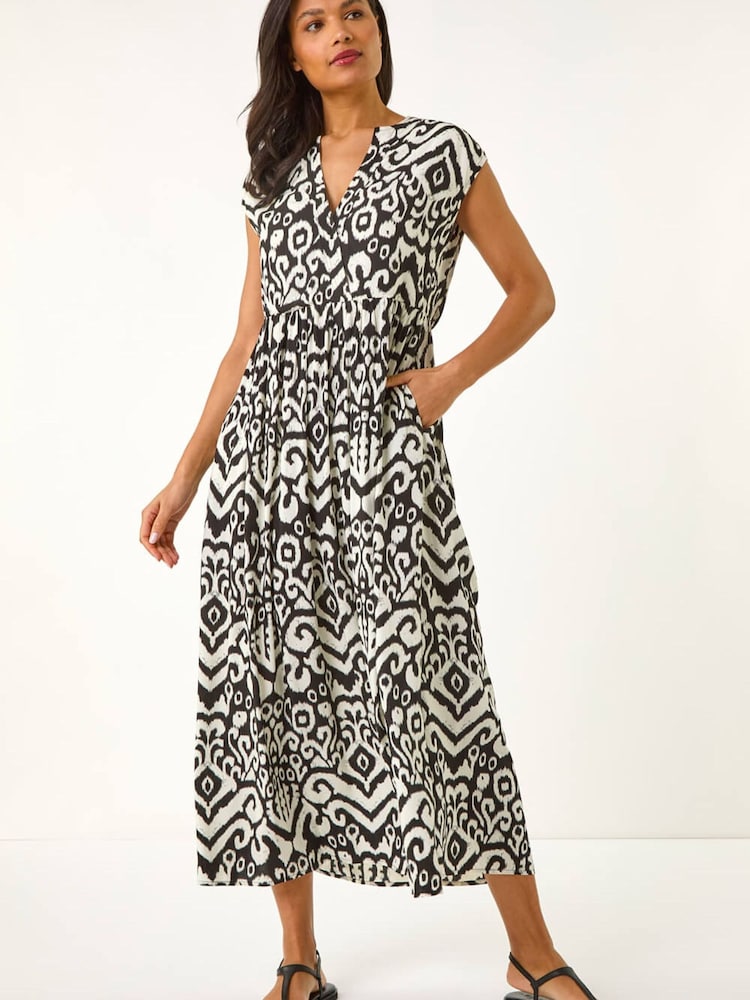 Roman Black Aztec Print Midi Smock Dress - Image 1 of 5 Roman Black Aztec Print Midi Smock Dress - Image 1 of 5