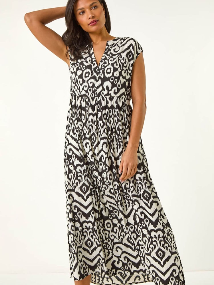 Roman Black Aztec Print Midi Smock Dress - Image 2 of 5 Roman Black Aztec Print Midi Smock Dress - Image 2 of 5