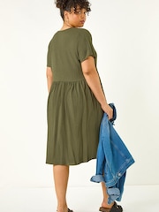 Roman Green Curve Textured Tie Back Stretch Dress - Image 3 of 5
