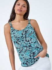 Roman Blue Floral Print Strap Detail Cami Top - Image 1 of 5