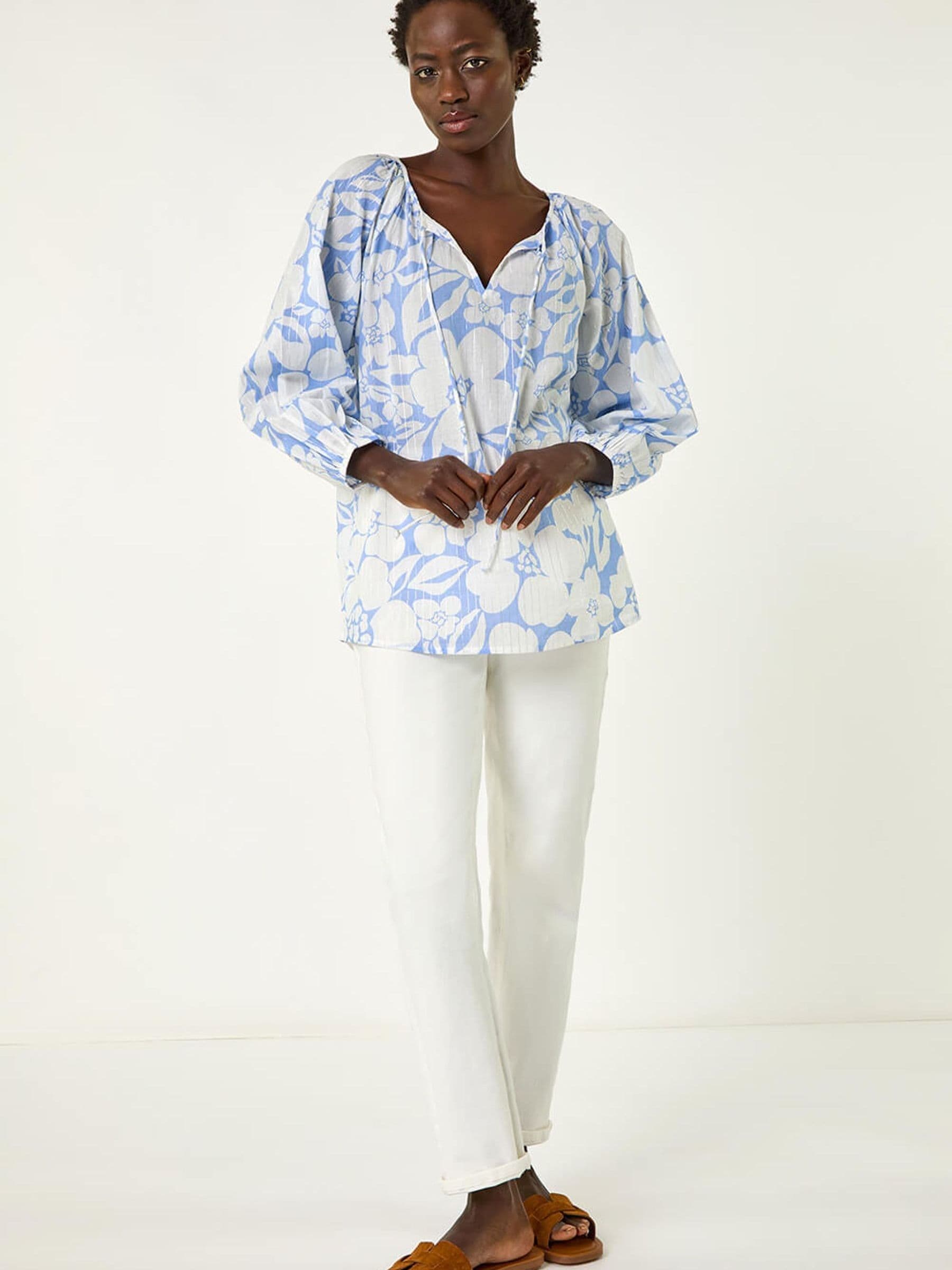 Buy Roman Blue Floral Print Tie Neck Tunic Top from Next Oman