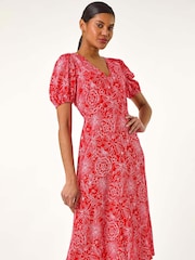 Roman Red Floral Midi Tea Dress - Image 4 of 5