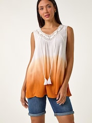 Roman Orange Cotton Lace Detail Ombre Vest Top - Image 1 of 5