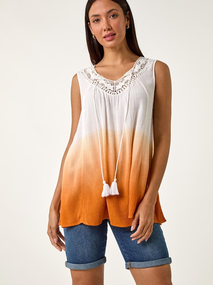 Roman Orange Cotton Lace Detail Ombre Vest Top - Image 1 of 5 Roman Orange Cotton Lace Detail Ombre Vest Top - Image 1 of 5