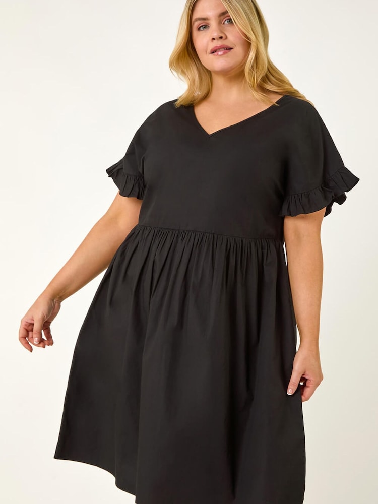 Roman Black Curve Cotton V-Neck Frill Dress - Image 2 of 5