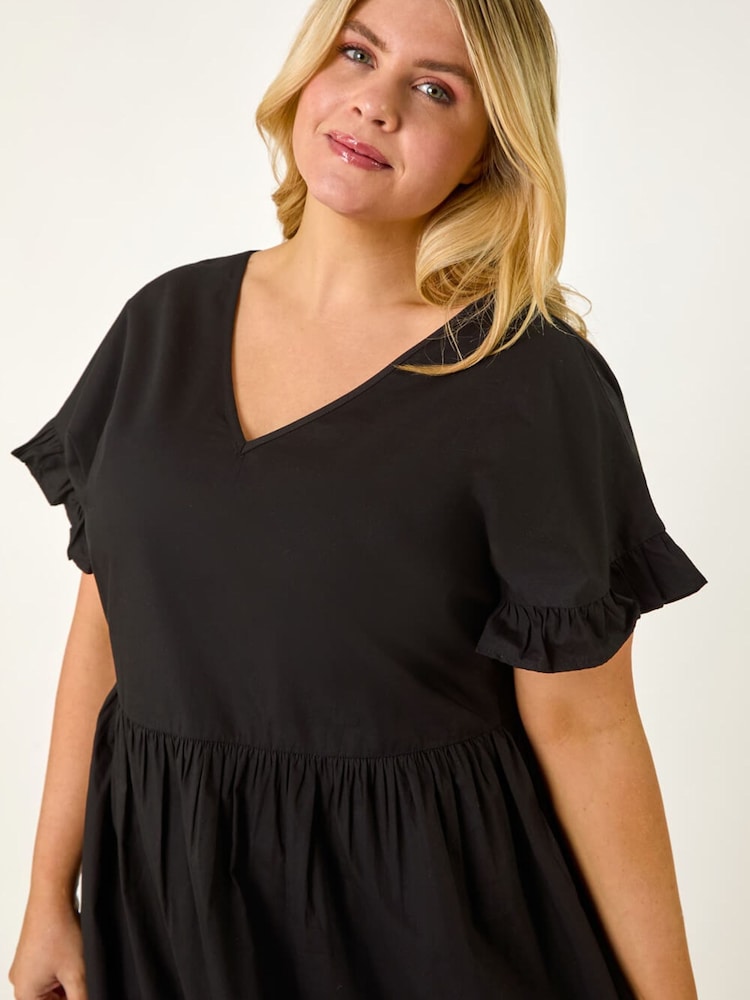 Roman Black Curve Cotton V-Neck Frill Dress - Image 5 of 5