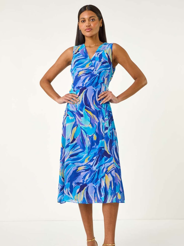 Μπλε - Roman Φλοράλ Τύπωμα/Στάμπα Wrap Chiffon Midi Φόρεμα - Εικόνα 1 από 5