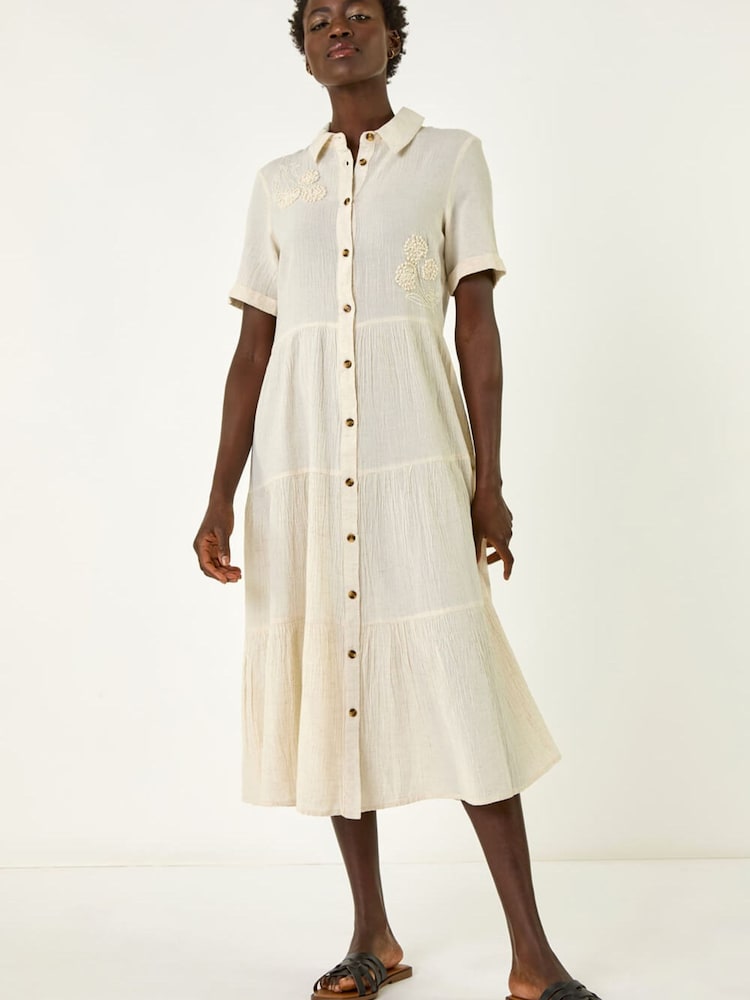 Roman Natural Embroidery Detail Tiered Midi Dress - Image 1 of 5