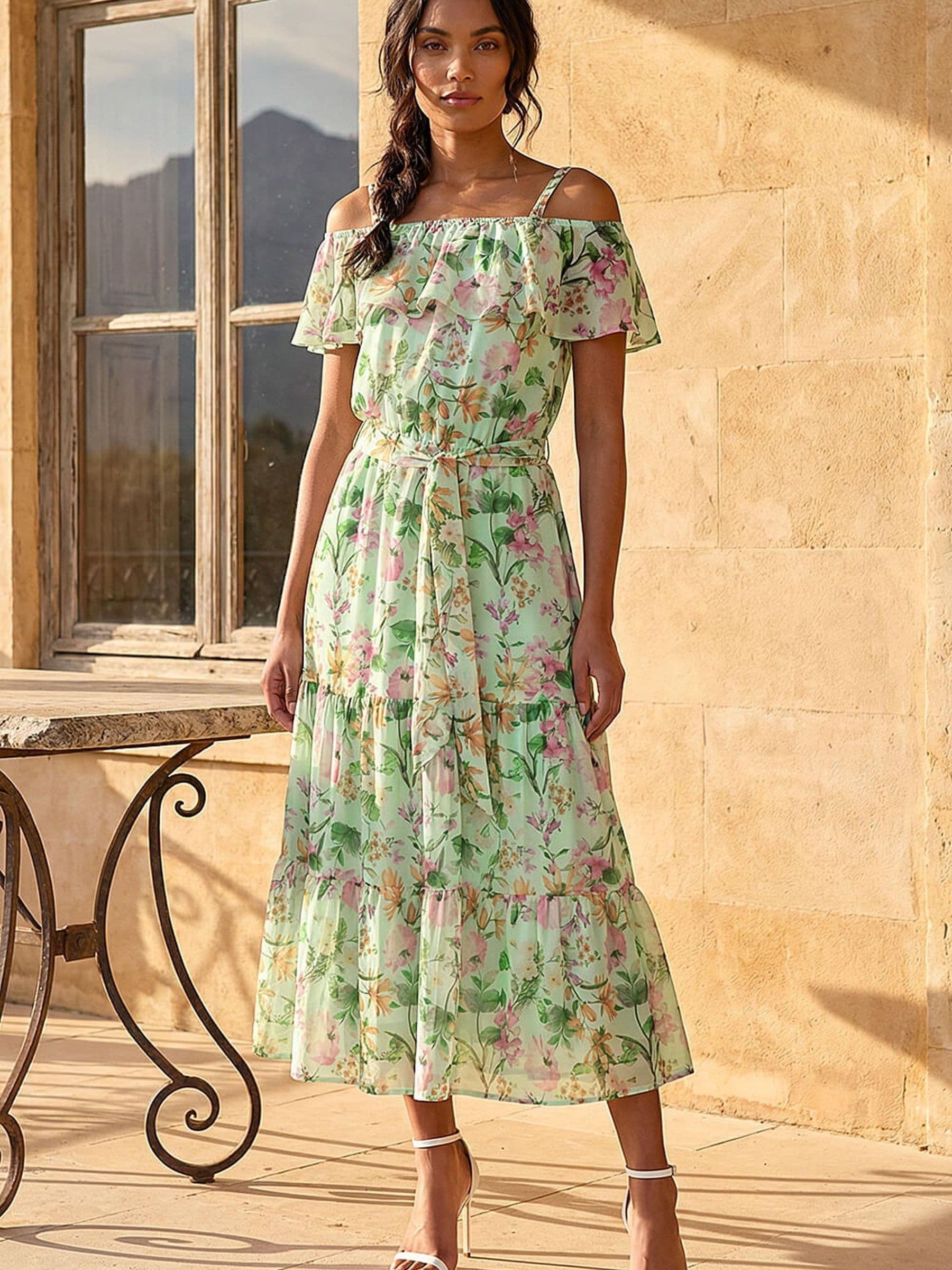 Roman Women's Green Floral Bardot Midi Dress - Image 1