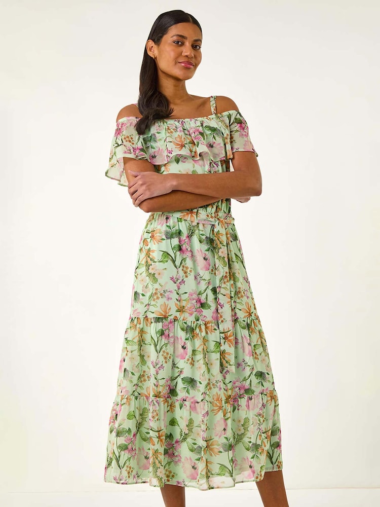 Roman Green Floral Bardot Midi Dress - Image 2 of 5