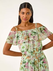 Roman Green Floral Bardot Midi Dress - Image 4 of 5