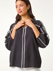 Roman Black Embroidered Sleeve V-Neck Top - Image 4 of 5
