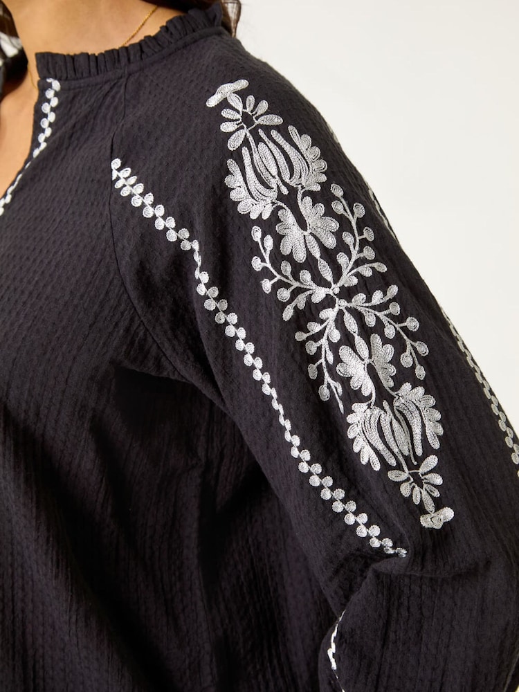 Roman Black Embroidered Sleeve V-Neck Top - Image 5 of 5