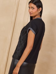Love & Roses Black Fringe Detail Jersey Top - Image 4 of 4