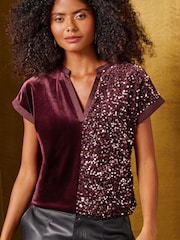 Love & Roses Burgundy Red Velvet Sequin Notch Neck T-Shirt - Image 1 of 5