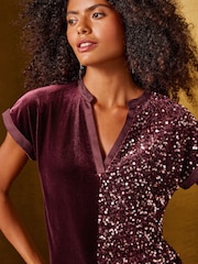 Love & Roses Burgundy Red Velvet Sequin Notch Neck T-Shirt - Image 2 of 5