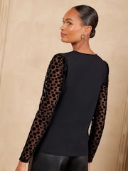 Love & Roses Black Polka Dot Mesh Long Sleeve Jersey Top - Image 4 of 5