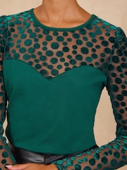 Love & Roses Teal Blue Polka Dot Mesh Long Sleeve Jersey Top - Image 2 of 4
