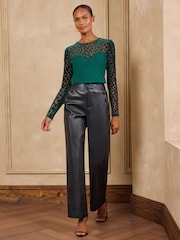 Love & Roses Teal Blue Polka Dot Mesh Long Sleeve Jersey Top - Image 3 of 4