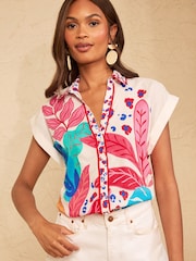 Love & Roses Ivory Tropical Print Roll Sleeve Button Through Shirt - Image 1 of 5
