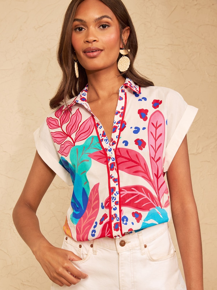 Love & Roses Ivory Tropical Print Roll Sleeve Button Through Shirt - Image 1 of 5