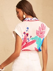 Love & Roses Ivory Tropical Print Roll Sleeve Button Through Shirt - Image 5 of 5