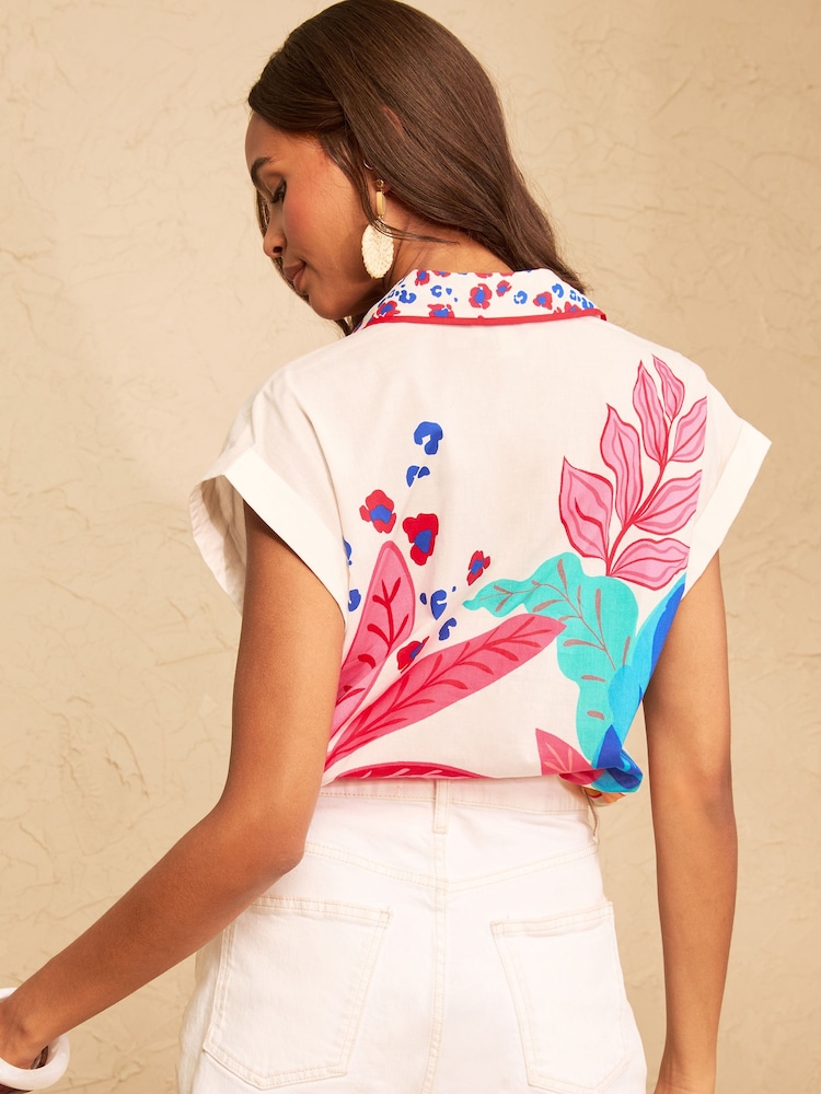 Love & Roses Ivory Tropical Print Roll Sleeve Button Through Shirt - Image 5 of 5