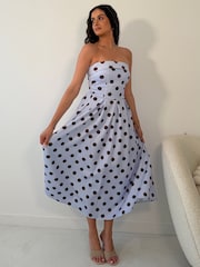 Girl In Mind White Danni Strapless Bandeau Midi Spot Dress - Image 1 of 5