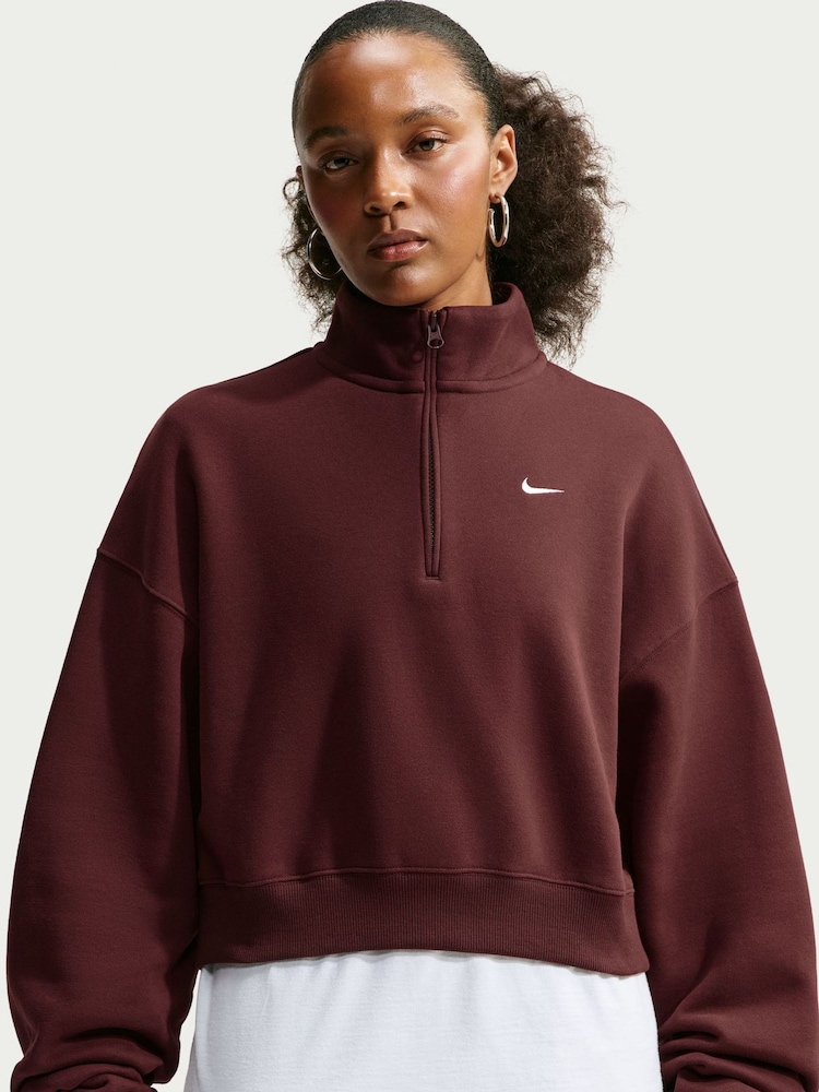 Burgundy - Nike Studio Fleece Oversized 1/4-Κροπ μπλούζα με φερμουάρ - Εικόνα 1 από 6