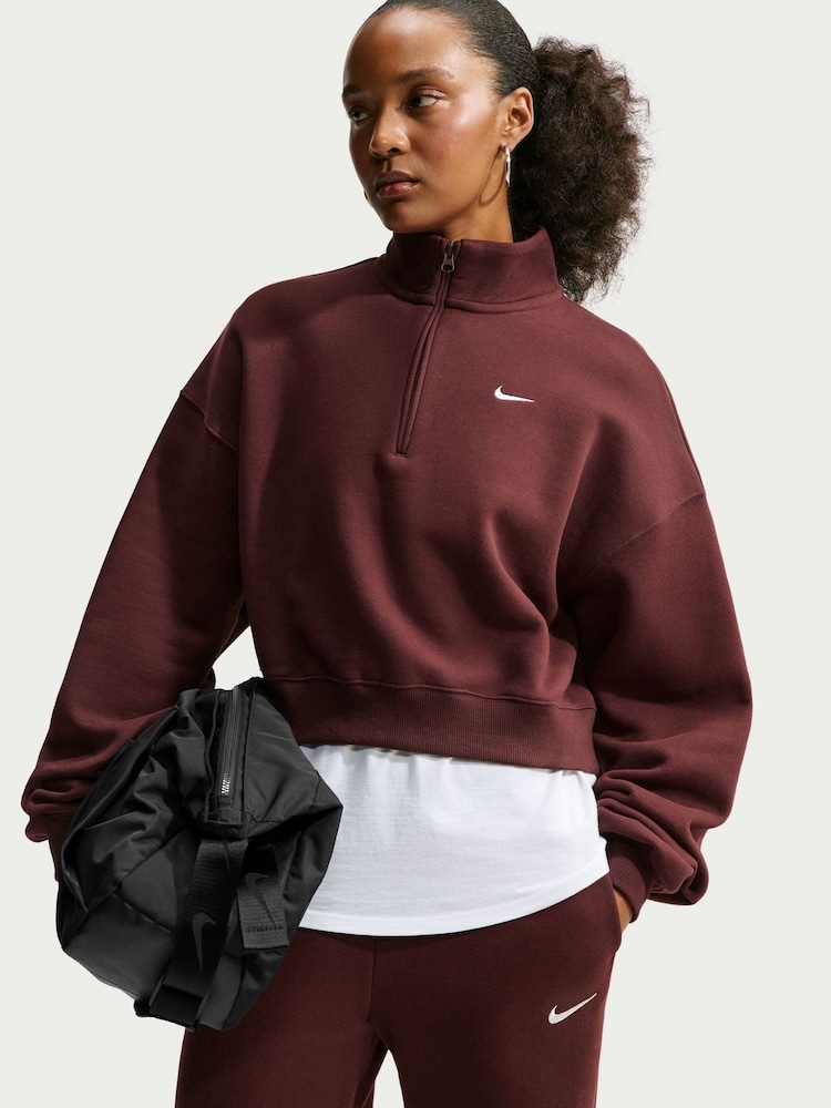 Burgundy - Nike Studio Fleece Oversized 1/4-Κροπ μπλούζα με φερμουάρ - Εικόνα 2 από 6