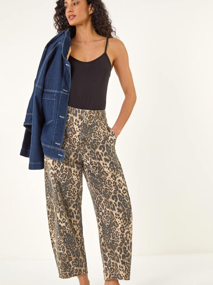 Roman Brown Animal Print Barrel Leg Denim Trousers - Image 1 of 5