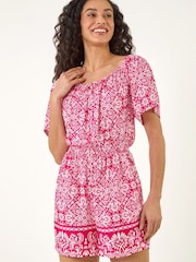 Roman Pink Abstract Border Print Playsuit - Image 1 of 5
