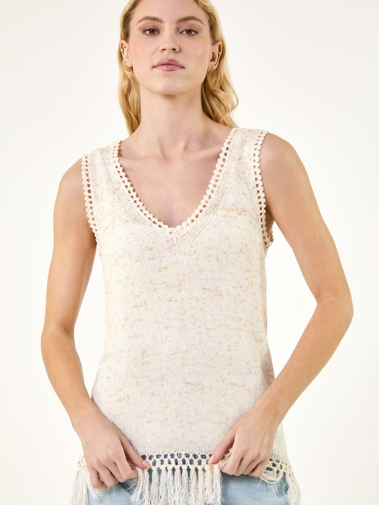 Roman White Speckled Fringe Knit Vest - Image 2 of 5