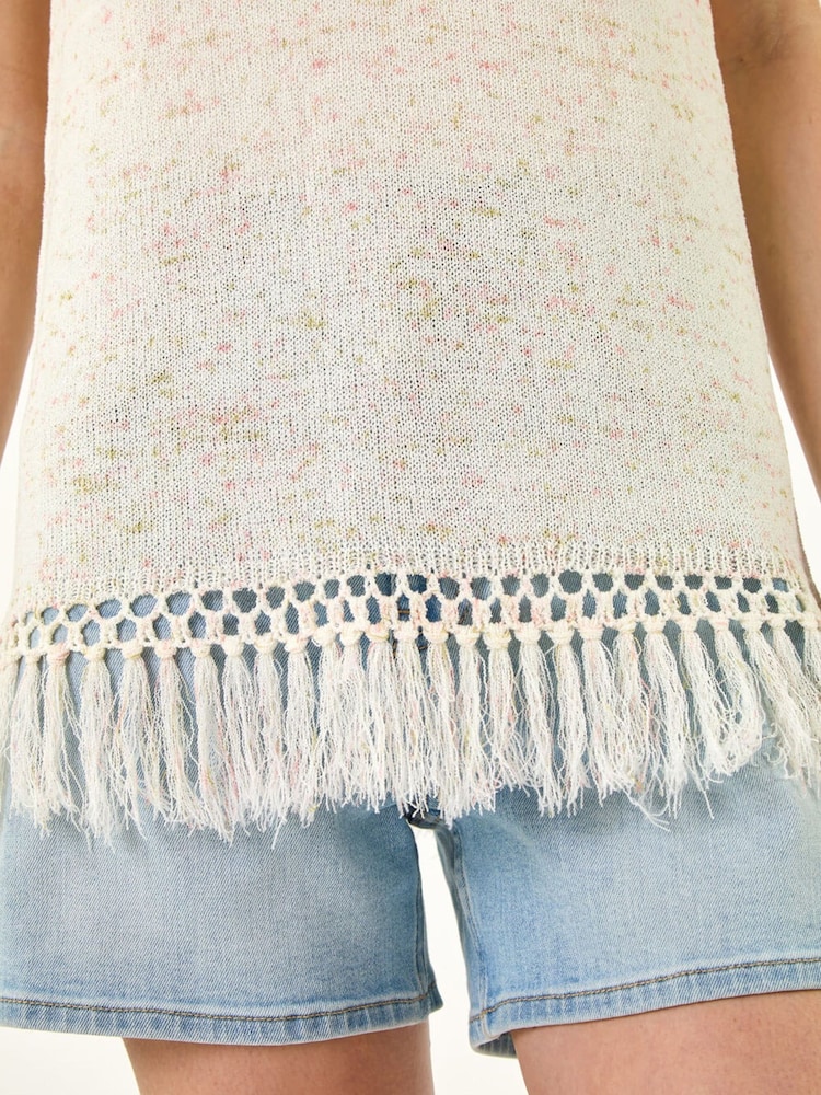 Roman White Speckled Fringe Knit Vest - Image 5 of 5
