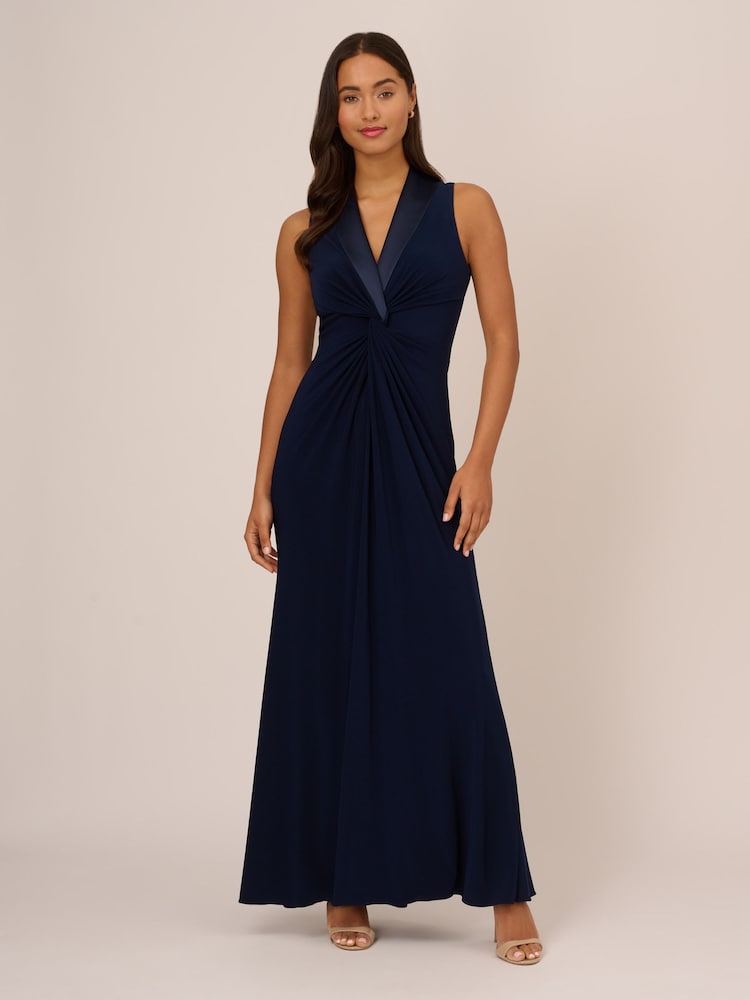 Adrianna Papell Blue Jersey Tuxedo Gown - Image 1 of 6 Adrianna Papell Blue Jersey Tuxedo Gown - Image 1 of 6
