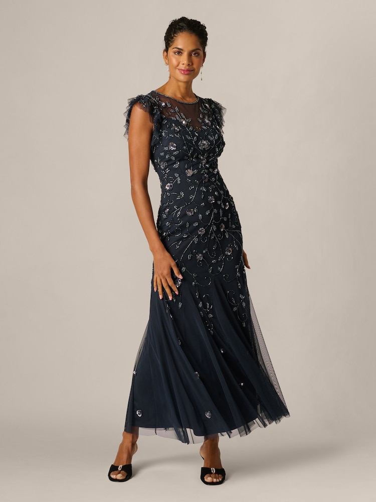 Adrianna Papell Blue Petite Bead Mesh Godet Long Dress - Image 1 of 6 Adrianna Papell Blue Petite Bead Mesh Godet Long Dress - Image 1 of 6