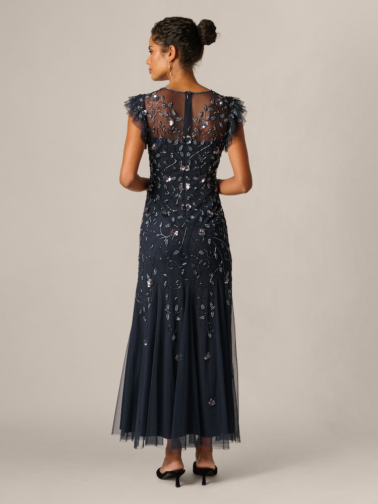 Adrianna Papell Blue Petite Bead Mesh Godet Long Dress - Image 2 of 6 Adrianna Papell Blue Petite Bead Mesh Godet Long Dress - Image 2 of 6